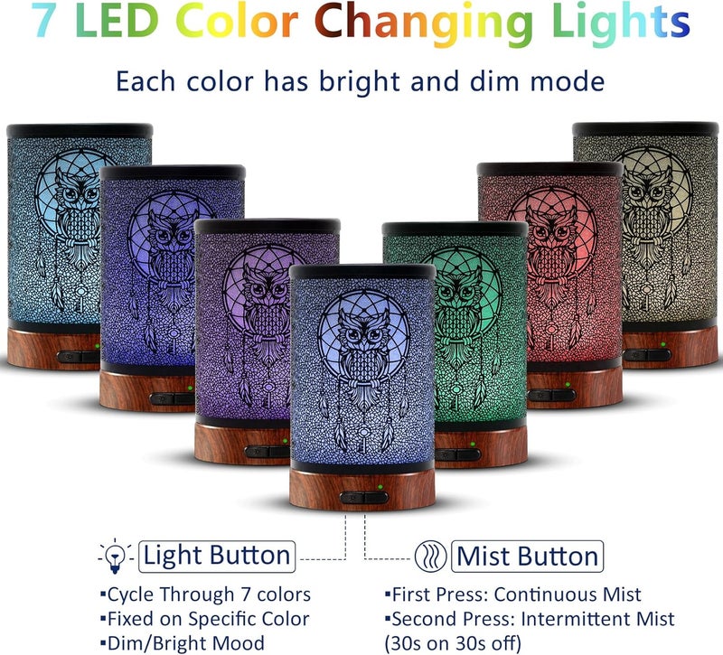EQUSUPRO Essential Oil Diffuser 150ml Metal Aromatherapy Oil Diffuser Ultrasonic Cool Mist Diffuser with Auto Shut-Off Protection,7 Colors Changed LED for Home Office SPA Yoga (Owl) - Image 3